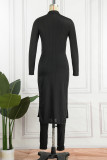 Black Casual Solid Slit Half A Turtleneck Long Sleeve Two Pieces