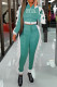 Mint green Casual Print Patchwork Flounce Zipper Cardigan Collar Long Sleeve Two Pieces