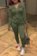 Army Green Street Print Draw String Hooded Collar Long Sleeve Two Pieces