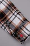 Red-brown Casual Plaid Print Patchwork Buckle Turndown Collar Tops
