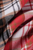Red-brown Casual Plaid Print Patchwork Buckle Turndown Collar Tops
