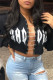 Black Casual Letter Print Patchwork Chains Hooded Collar Tops