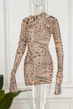 Apricot Sexy Print Hollowed Out Patchwork Asymmetrical Pencil Skirt Dresses