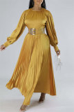 Rose Red Casual Solid Patchwork O Neck Long Sleeves Pleated Dresses (Without Belt)