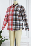 Red-brown Casual Plaid Print Patchwork Buckle Turndown Collar Tops