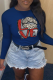 Navy Blue Street Vintage Leopard Lips Printed Patchwork O Neck Tops