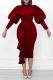 Burgundy Street Solid Flounce Half A Turtleneck Pencil Skirt Dresses