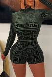 Black Green Sexy Print Patchwork See-through Zipper Collar Skinny Rompers