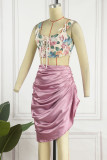 Pink Sexy Print Patchwork Frenulum Backless Asymmetrical Spaghetti Strap Sleeveless Two Pieces