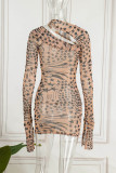 Apricot Sexy Print Hollowed Out Patchwork Asymmetrical Pencil Skirt Dresses
