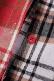 Red-brown Casual Plaid Print Patchwork Buckle Turndown Collar Tops