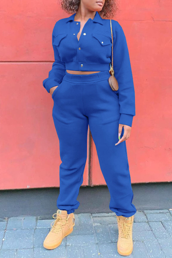 Blue Casual Solid Patchwork Buckle Turndown Collar Long Sleeve Two Pieces