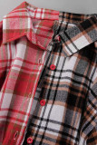 Red-brown Casual Plaid Print Patchwork Buckle Turndown Collar Tops