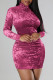 Rose Red Sexy Solid Patchwork Turtleneck Pencil Skirt Dresses