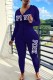 Deep Blue Casual Letter Print Patchwork Zipper Hooded Collar Long Sleeve Two Pieces