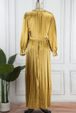 Rose Red Casual Solid Patchwork O Neck Long Sleeves Pleated Dresses (Without Belt)