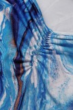 Blue Sexy Print Hollowed Out Backless Halter Long Sleeve Dresses