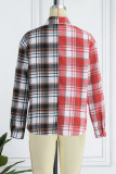 Red-brown Casual Plaid Print Patchwork Buckle Turndown Collar Tops