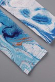 Blue Sexy Print Hollowed Out Backless Halter Long Sleeve Dresses