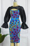 Blue Sexy Formal Print Hollowed Out Patchwork O Neck One Step Skirt Dresses