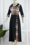 Deep Blue Casual Plaid Print Patchwork O Neck A Line Dresses