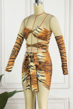 Tiger Pattern Sexy Print Hollowed Out Backless Strapless Sleeveless Dress Dresses