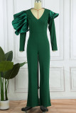 Ink Green Casual Elegant Solid Patchwork V Neck Straight Jumpsuits