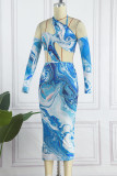 Blue Sexy Print Hollowed Out Backless Halter Long Sleeve Dresses