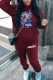Burgundy Casual Print Patchwork Hooded Collar Long Sleeve Two Pieces