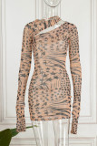 Apricot Sexy Print Hollowed Out Patchwork Asymmetrical Pencil Skirt Dresses