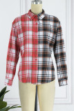 Red-brown Casual Plaid Print Patchwork Buckle Turndown Collar Tops