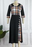 Deep Blue Casual Plaid Print Patchwork O Neck A Line Dresses