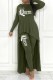Army Green Casual Letter Print Asymmetrical O Neck Long Sleeve Two Pieces