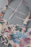 Pink Sexy Print Patchwork Frenulum Backless Asymmetrical Spaghetti Strap Sleeveless Two Pieces