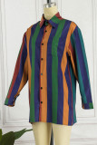 Olive Green Casual Print Patchwork Turndown Collar Tops