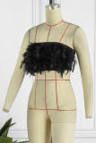 Black Sexy Solid Patchwork Feathers Backless Strapless Sleeveless Two Pieces