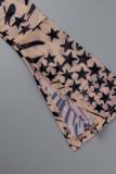 Apricot Sexy Print Hollowed Out Patchwork Asymmetrical Pencil Skirt Dresses