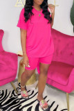 Pink Fashion Casual Solid Basic O Neck Short Sleeve Two Pieces