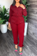 Red Street Solid Draw String Turndown Collar Long Sleeve Two Pieces