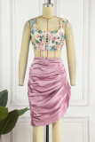 Pink Sexy Print Patchwork Frenulum Backless Asymmetrical Spaghetti Strap Sleeveless Two Pieces