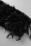Black Sexy Solid Patchwork Feathers Backless Strapless Sleeveless Two Pieces