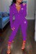 Dark Purple Casual Letter Print Patchwork Zipper Collar Long Sleeve Two Pieces