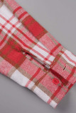 Red-brown Casual Plaid Print Patchwork Buckle Turndown Collar Tops