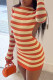Orange Sexy Striped Print Bandage Patchwork Backless O Neck Pencil Skirt Dresses