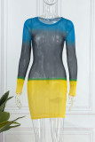 Yellow Sexy Print Patchwork O Neck Pencil Skirt Dresses