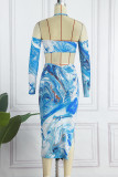 Blue Sexy Print Hollowed Out Backless Halter Long Sleeve Dresses
