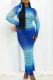 Blue Sexy Gradual Change Hollowed Out Patchwork O Neck Pencil Skirt Dresses