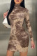 Brown Sexy Print Patchwork Turtleneck Pencil Skirt Dresses