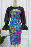 Blue Sexy Formal Print Hollowed Out Patchwork O Neck One Step Skirt Dresses