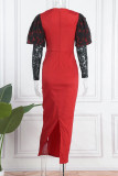 Red Elegant Solid Patchwork Square Collar Evening Dress Dresses